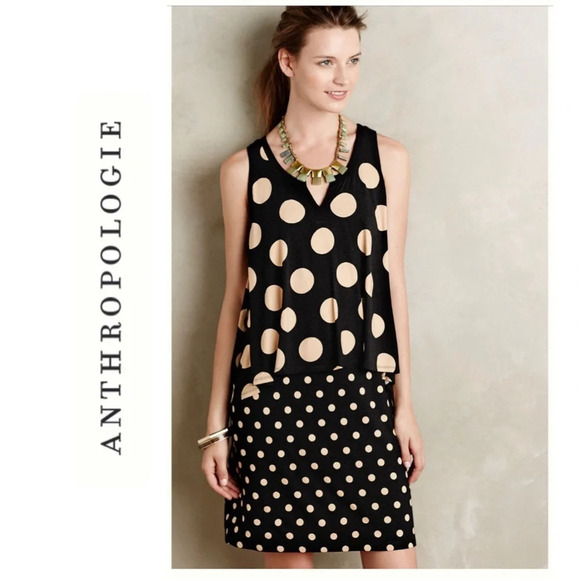 Anthropologie Maeve Davina Layered Dress Polka Dot Black Cream Small - Picture 1 of 9